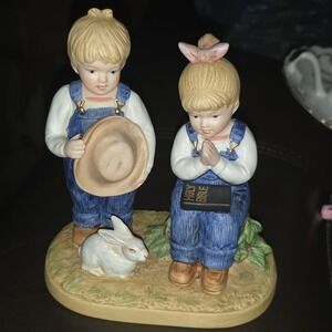 Homco Denim Days Porcelain Painted Figurine Girl Boy Rabbit 1985